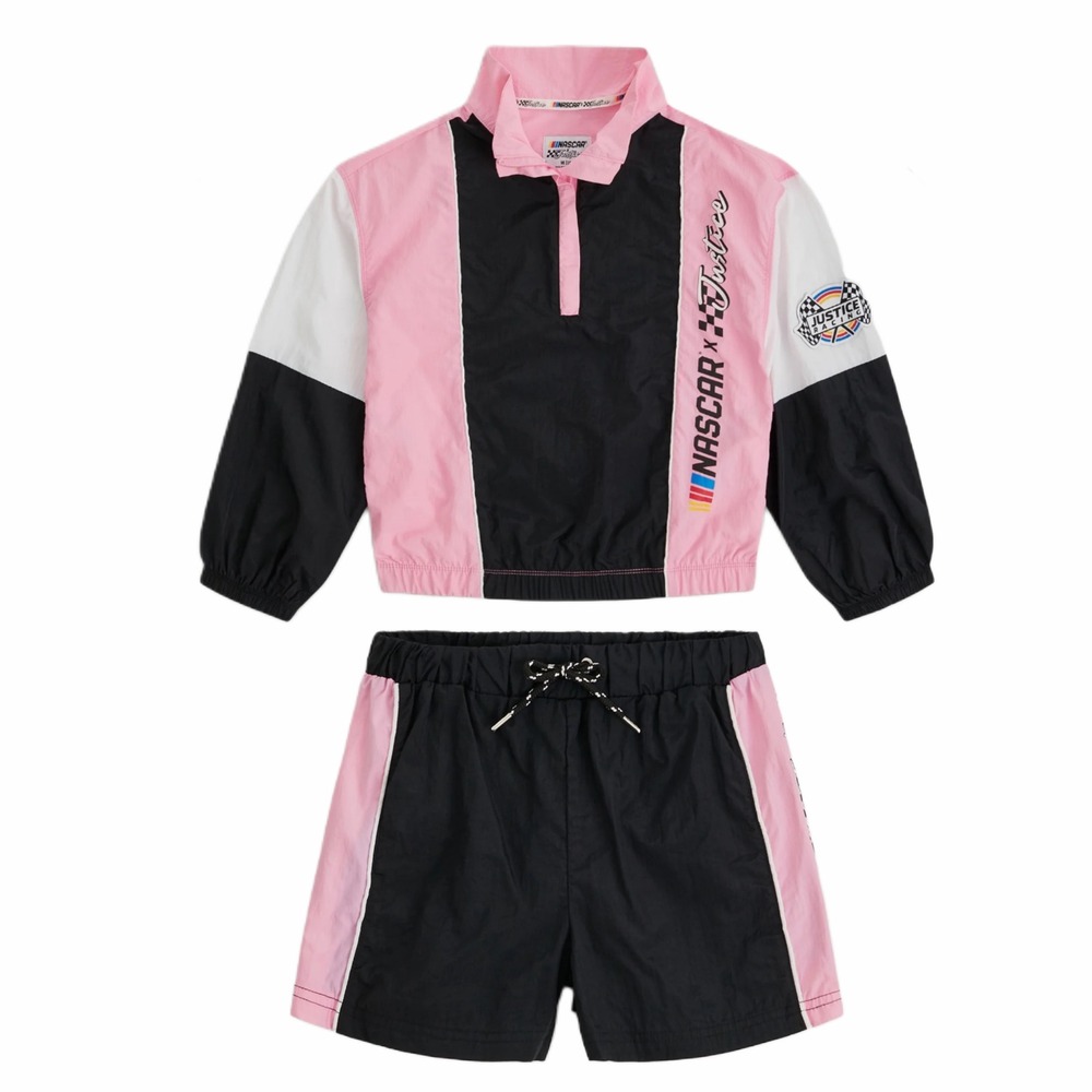 Justice x NASCAR Girls Pink Black Colorblock Windbreaker and Shorts Set